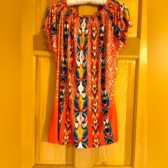 Madison Orange Patterned Stretchy Ruffle Top - Picture 2 of 3